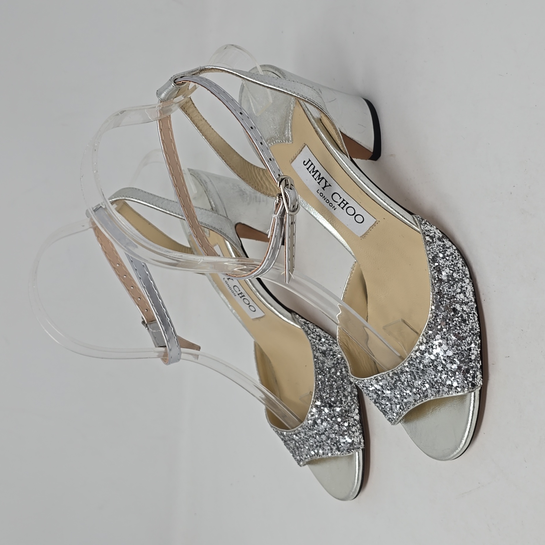Jimmy Choo Coarse Glitter Miranda Peep Toe Low Heel Sandals Size 37.5